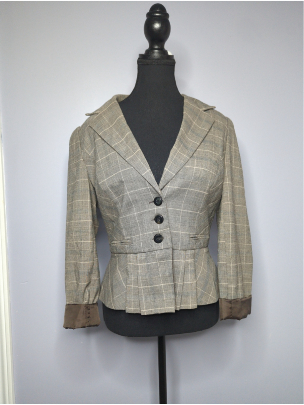 Chapter One Plaid Peplum Blazer Jacket Size 8 Brown Polka Dot Lining Y2K